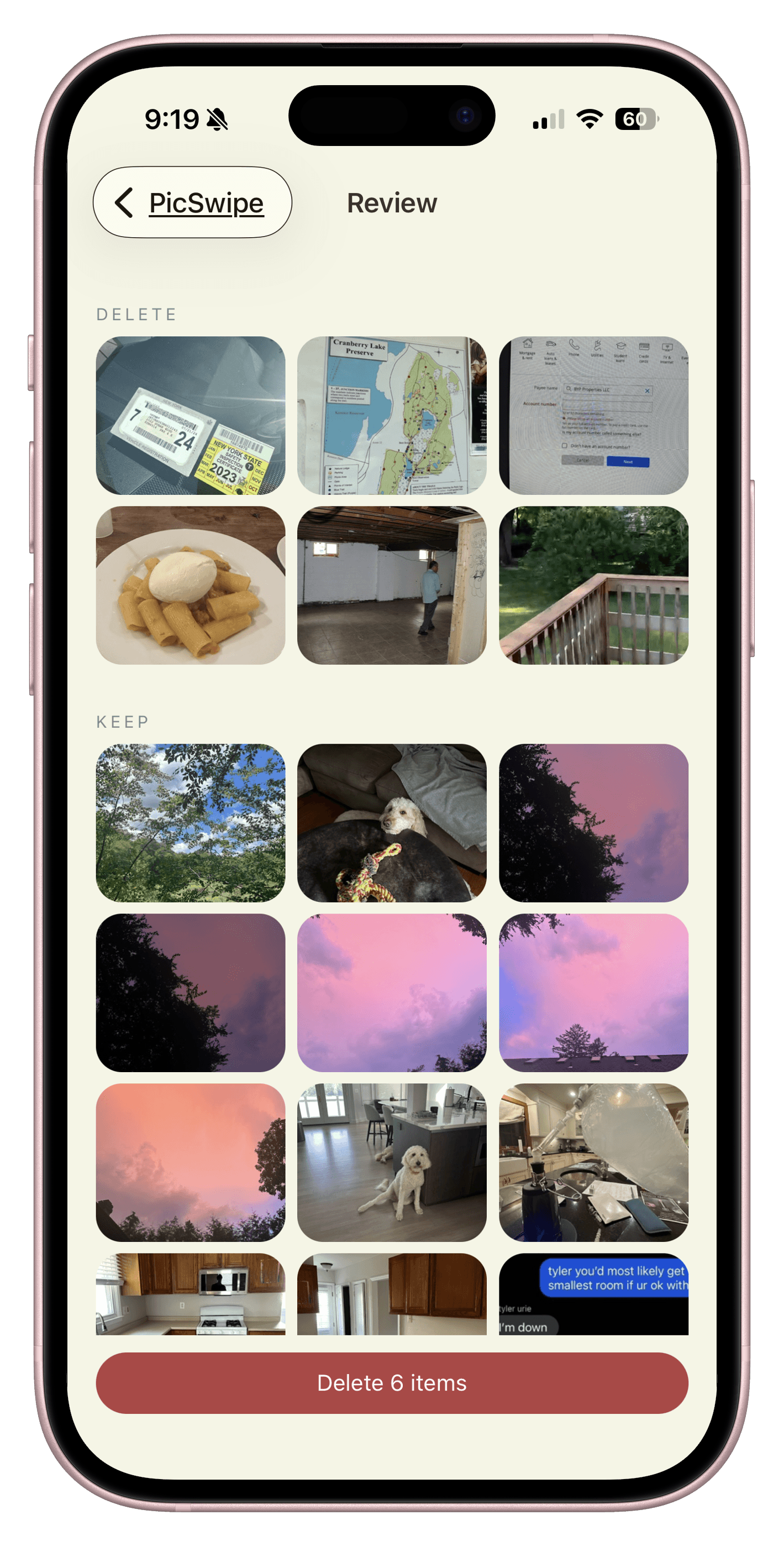 Session Review screen with swipe actions and progress controls