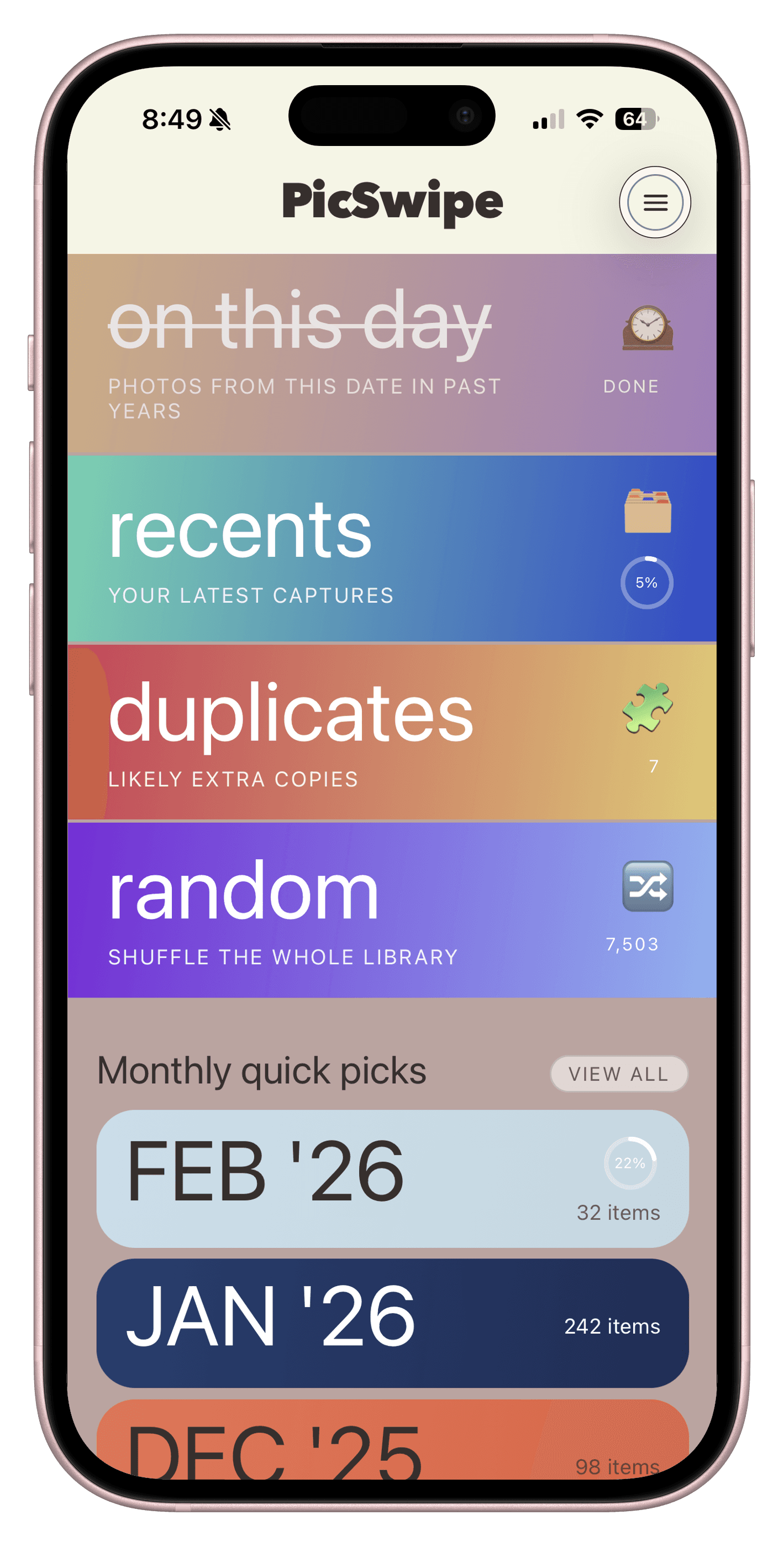 Session screen showing the main PicSwipe review workflow
