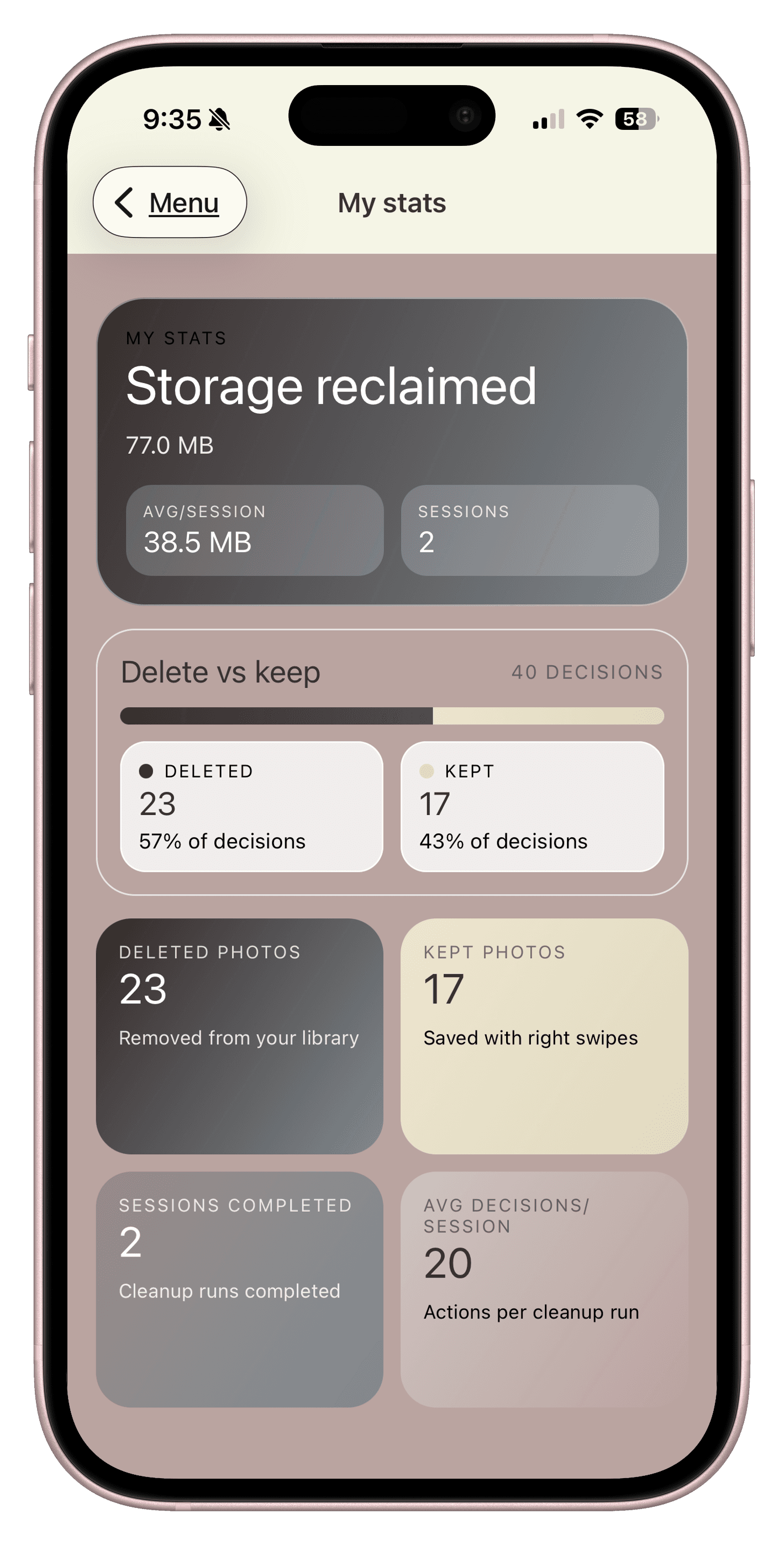 Stats screen summarizing cleanup progress and momentum